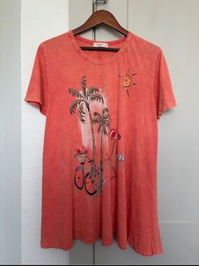 JESS AND JANE GRAPHIC CORAL BEACH PPALM TREE TUNIC TOP WOMENS 1X